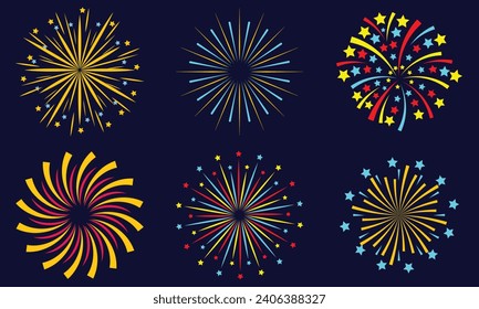 Set of colorful fireworks. Festive explosion of fireworks with stars and sparks.celebration party, anniversary or festival, explosion stars. Celebrations birthday or Christmas. Vector illustration. 