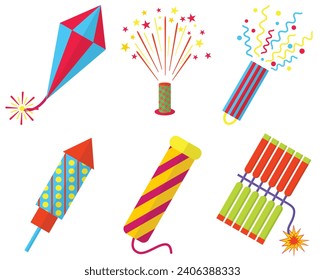 Set of colorful fireworks. Festive explosion of fireworks with stars and sparks.celebration party, anniversary or festival, explosion stars. Celebrations birthday or Christmas. Vector illustration. 