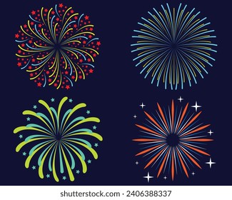 Juego de fuegos artificiales coloridos. Explosión festiva de fuegos artificiales con estrellas y chispas. fiesta de celebración, aniversario o festival, estrellas de explosión. Celebraciones de cumpleaños o Navidad. Ilustración vectorial. 