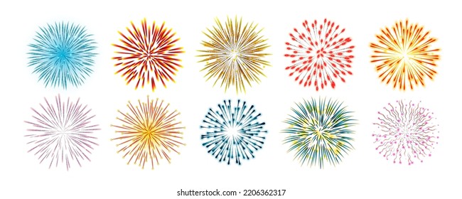 Set of colorful fireworks. Set of festive patterned salute bursting in various shapes on white background. Bright decoration Christmas card,New Year celebration, festival. Vector illustration.