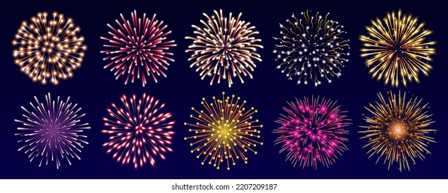 Set of colorful fireworks. Set of festive patterned salute bursting in various shapes against black background. Bright decoration Christmas card,New Year celebration, festival. Vector illustration.