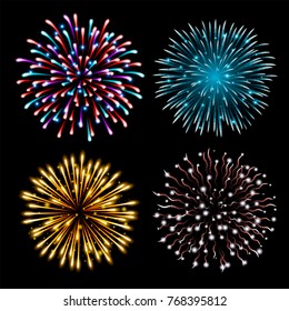 Set of colorful fireworks. Set of festive patterned salute bursting in various shapes against black background. Bright decoration Christmas card,New Year celebration, festival. Vector illustration.