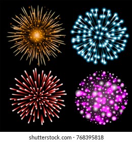 Set of colorful fireworks. Set of festive patterned salute bursting in various shapes against black background. Bright decoration Christmas card,New Year celebration, festival. Vector illustration.