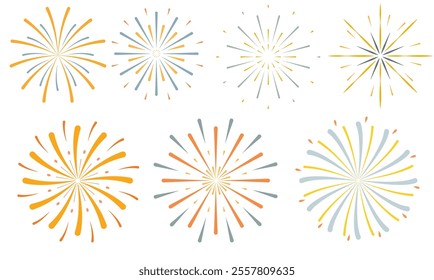 Set of colorful fireworks illustrations in yellow and gray tones, perfect for celebrations and events