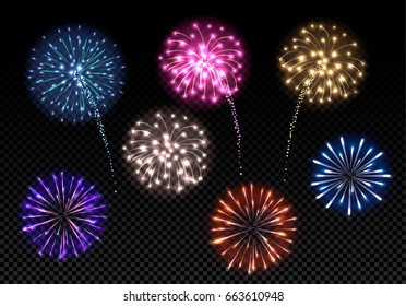 Set of colorful fireworks on dark background