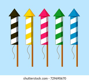 Set of colorful fireworks rockets. Pyrotechnics for the holidays. New year's crackers for fun.