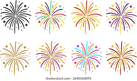 set Colorful fireworks vector illustration, perfect for event designs such as New Year’s Eve, Independence Day, weddings, birthdays, graduations, festivals, concerts, and sports celebrations. 