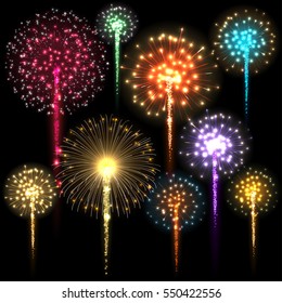 Set of colorful fireworks. Vector illustration
