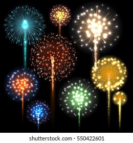 Set of colorful fireworks. Vector illustration
