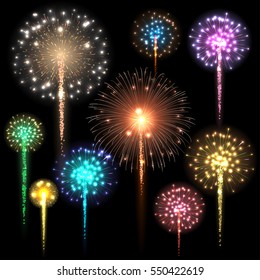 Set of colorful fireworks. Vector illustration
