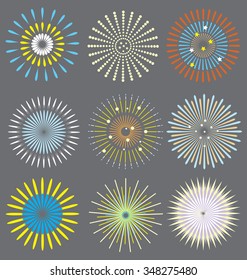 Set of colorful fireworks in vector on gray background.