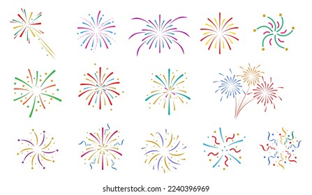 Set of colorful fireworks.Fireworks with stars and sparks isolated on white background.Festive fireworks in diferent colors.