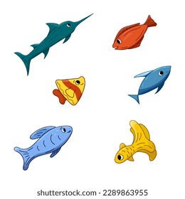 Set colorful fish Cartoon vector illustration. Isolated Ocean animal. Marine theme. Doodle dweller. Elements for icon, cover, print, book illustration, poster, card, web element, card for children.