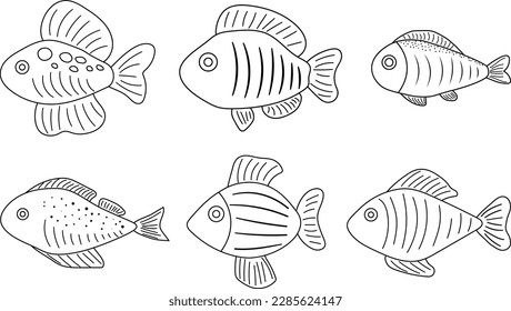 Set Colorful fish coloring vector illustration