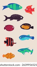 Set of colorful fish icons in flat style. Different types of fish.
