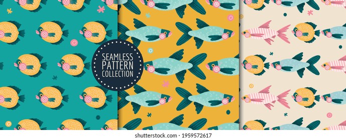 Set with colorful fish seamless patterns. Vector background