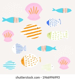 Set of colorful fish and shells. Summer sea pattern for textile. Paper cut out simple illustration.