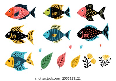 Set of Colorful Fish in Various Shapes and Styles Flat Vector Illustration