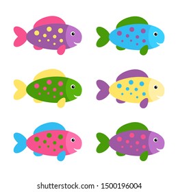 Set of Colorful Fishes. Vector Illustration. Cartoon Style. Decorative Design for Sea Life Illustrations. Posters, Cards, Banners, Fashion