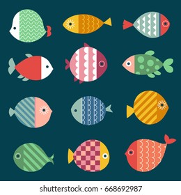 Set of Colorful Fishes. Vector Illustration. Cartoon Style. Decorative Design for Sea Life Illustrations. Posters, Cards, Banners, Fashion