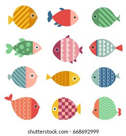 Set of Colorful Fishes. Vector Illustration. Cartoon Style. Decorative Design for Sea Life Illustrations. Posters, Cards, Banners, Fashion