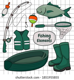 Set of colorful fishing equipment vector graphics in hand drawn style. design elements. Suitable for wallpaper, posters, banners, magazines, etc.