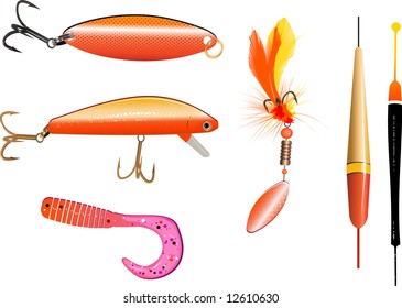 Set of colorful fishing lures and floats