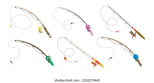 Set of colorful fishing rods in cartoon style. Vector illustration of tools for fishing river and sea of various shapes on white background.