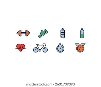 A set of colorful fitness icons featuring dumbbells, running shoes, water bottles, heart rate, bicycle, stopwatch, and a medal. Perfect for gym branding, workout apps, sports websites, and designs.