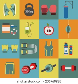 Set of colorful fitness icons for girls. Vector illustration of sport symbols in flat style on multicolored squares background