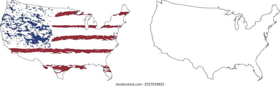 Conjunto de bandera colorida en el mapa y mapa con un contorno negro de los Estados Unidos de América . Mapa de Estados Unidos. Fronteras de los Estados Unidos. Silueta de EE.UU.