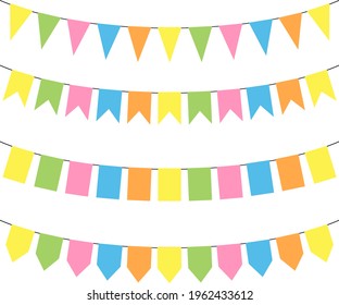 set of colorful flags, garland in pastel colors, vector isolated on white background