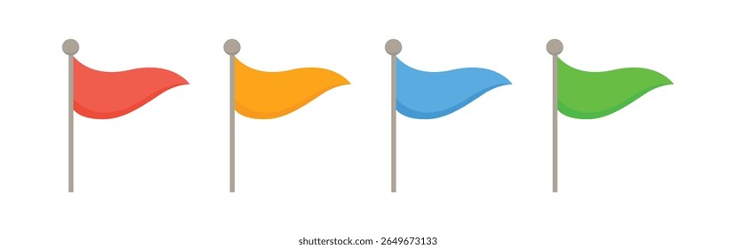 Set of colorful flags for marking locations on maps and navigation systems. Red flag, yellow flag, blue flag, green flag. Vector illustration. 