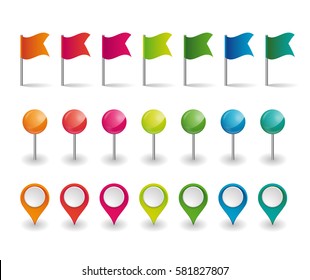 set of colorful flags, round pins and map pointers