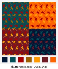 Set colorful flamingo seamless pattern,with a palette of flowers