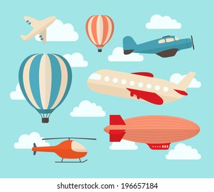 Set of colorful flat air transports