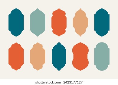 Escaparate de coloridas ventanas árabes planas enmarcan siluetas. Ilustración vectorial. Etiquetas Ramadan Kareem para la plantilla de la tarjeta de invitación. Iconos de arquitectura árabe tradicional. emblema del patrón islámico