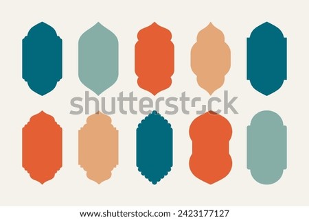 Set of colorful flat arab windows frame silhouettes. Vector illustration. Ramadan Kareem labels for invitation card template. Arabic traditional architecture icons. Islam pattern emblem