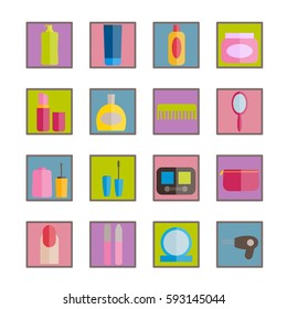 Set of colorful flat beauty and cosmetic icons. Linear icons for print, mobile apps, web design