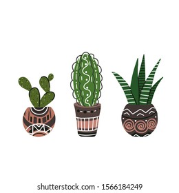 Set of colorful flat cactus and succulent in pots with decorations. Boho style. Vector doodle element for card, pins, sticker, card and your creativity.