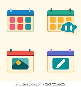 Set of Colorful Flat Calendar Icons with Notes, Chat Bubble, Image, and Pencil Symbols on Light Background
