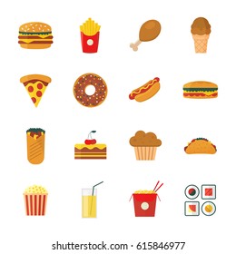 Set of colorful flat or cartoon design fast food icons. Vector illustration isolated on a white background. 