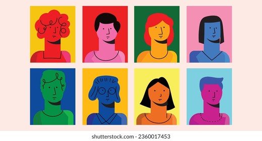Set of colorful flat cartoon face portrait vector illustration.