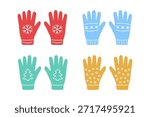 Set of colorful flat cartoon gloves with winter symbols like snowflake and Christmas tree. Seasonal warm clothing accessories for winter holidays and cold weather. Vector illustration