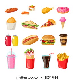 Set of colorful flat cartoon illustration of fast food icons. Isolated vector. Illustration burger, beverage, rolls, sandwiches, desserts menu for fast food cafe, design brochures, posters.