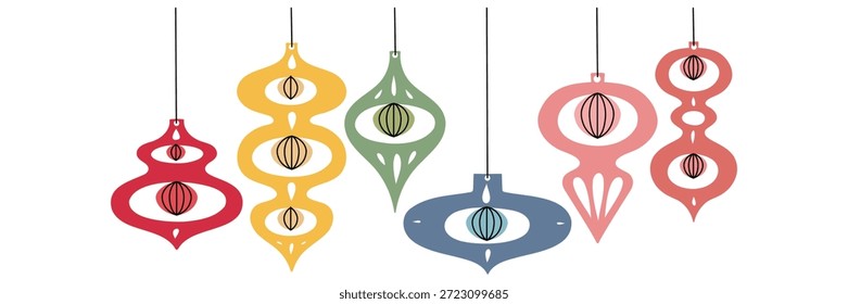 Set von bunten flachen Kontur hängende Papier Weihnachtsspielzeug. Retro-Stil Weihnachtsdekoration Kollektion für festliche Grußkarten, DIY Handwerk Projekte, oder saisonale Grafik-Design-Materialien