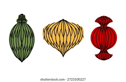 Conjunto de coloridas Navidades de papel de contorno plano linternas y juguetes con patrones acanalados. colección de adorno de Festiva para tarjetas de felicitación festivas, proyectos de manualidades de bricolaje o materiales de Diseño gráfico de temporada