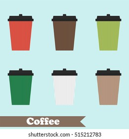 Set of colorful flat cup of coffee take away