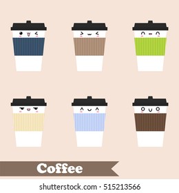Set of colorful flat cup of coffee. Kawaii set cup of coffee take away
