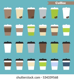 Set of colorful flat cup of coffee take away